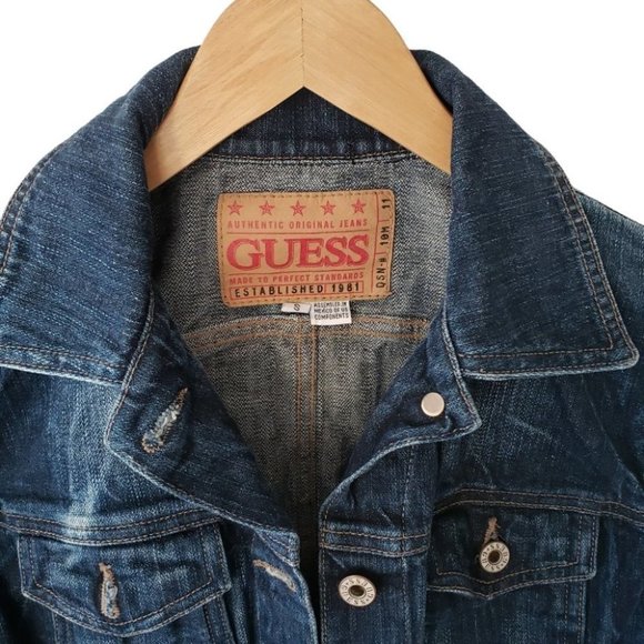 Guess denim jacket undone raw hem flared sleeve dark wash sz S - Picture 4 of 8